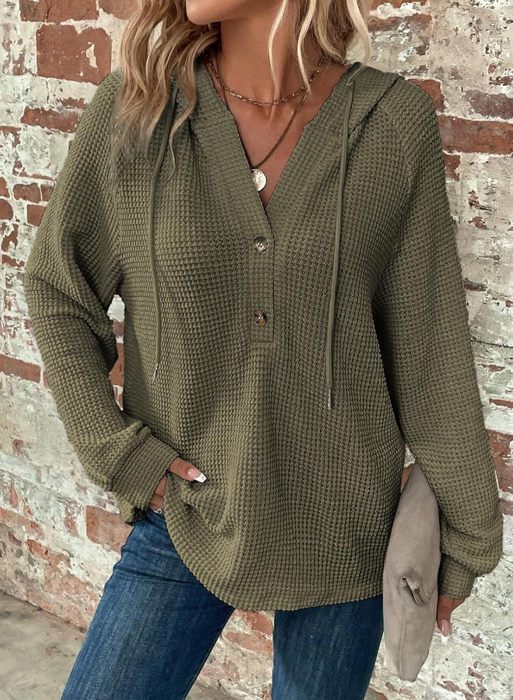 Casual V neck Hooded Waffle Tops