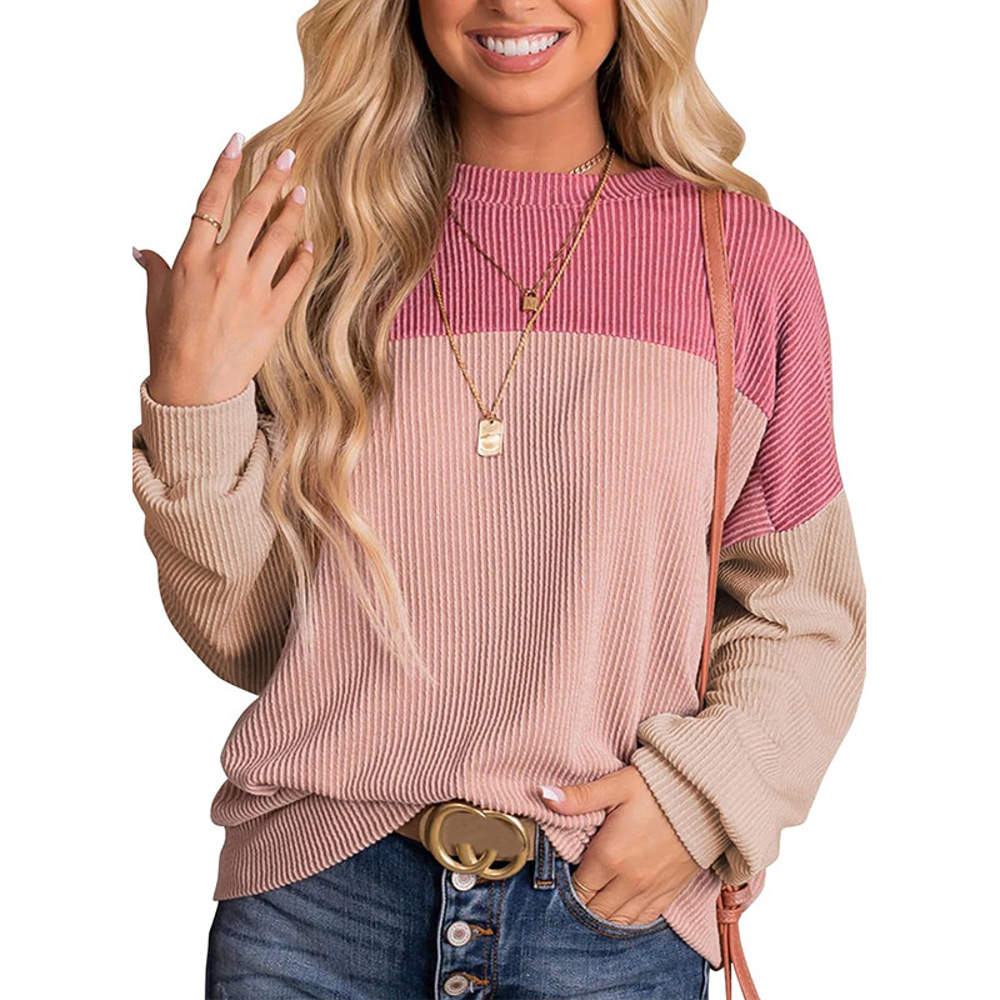 Womens Fashion 2024 Color Block Long Sleeve Crewneck Knitted Casual Loose Pullover Shirts Tops