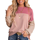  Womens Fashion 2024 Color Block Long Sleeve Crewneck Knitted Casual Loose Pullover Shirts Tops