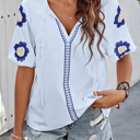  Embroidered Flower V Neck Elegant Half Sleeve Blouse