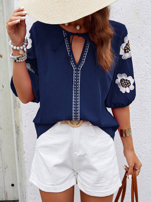 Embroidered Flower V Neck Elegant Half Sleeve Blouse