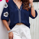  Embroidered Flower V Neck Elegant Half Sleeve Blouse