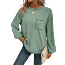 Green Small Casual Solid Crewneck Knitted Loose Fit Pullover Shirts Tops