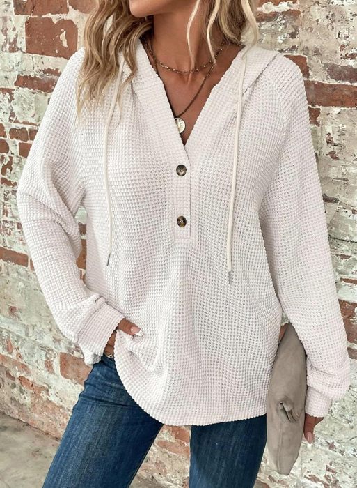 Casual V neck Hooded Waffle Tops