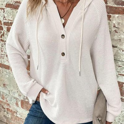 Casual V neck Hooded Waffle Tops