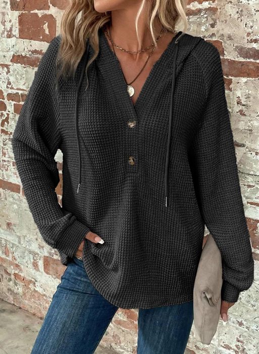 Casual V neck Hooded Waffle Tops