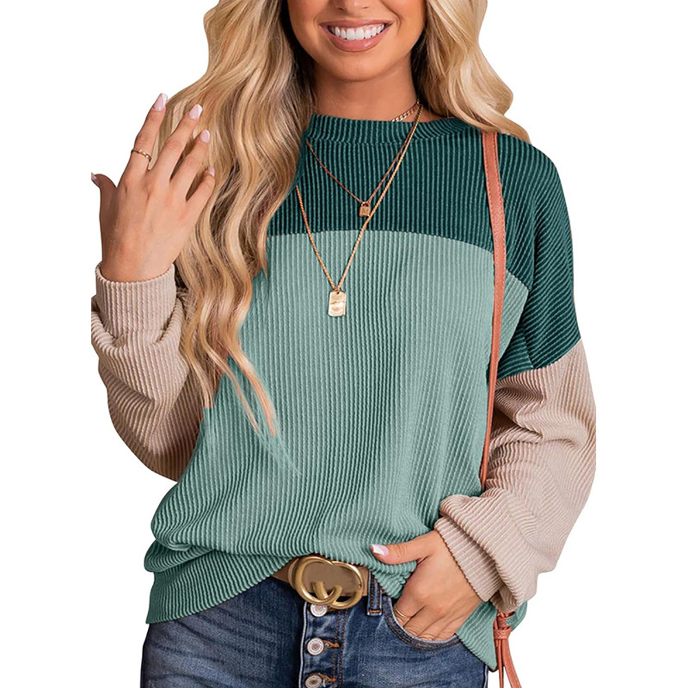 Womens Fashion 2024 Color Block Long Sleeve Crewneck Knitted Casual Loose Pullover Shirts Tops