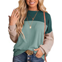  Womens Fashion 2024 Color Block Long Sleeve Crewneck Knitted Casual Loose Pullover Shirts Tops