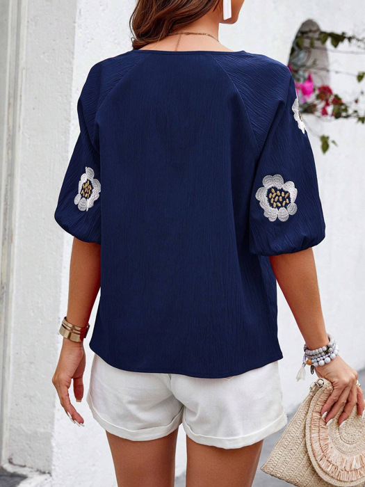 Embroidered Flower V Neck Elegant Half Sleeve Blouse