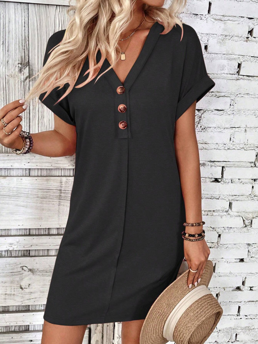 V neck Button Detail Cap Sleeve T shhirt  Dress