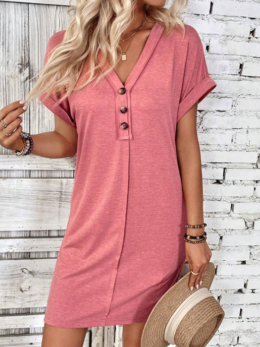 V neck Button Detail Cap Sleeve T shhirt  Dress