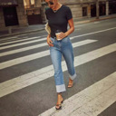  Women Trendy Crop Straight Leg Jeans Rolled Denim Pants