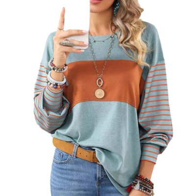 Long Sleeve Fall Tops Oversized 2024 Trendy Round Crew Neck Casual Color Block Womens Shirts Blouses