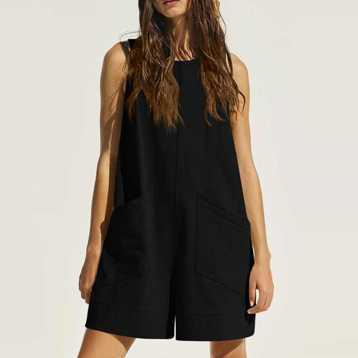 Sleeveless Round Neck Pocket Rompers