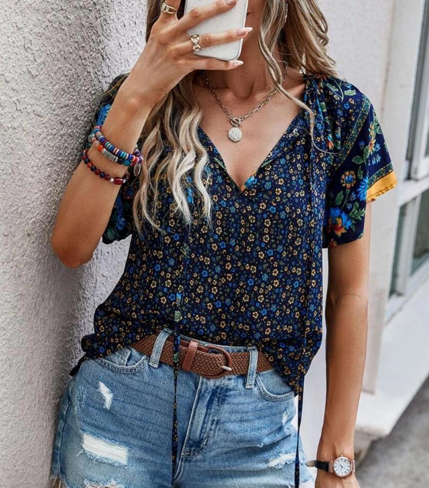 Boho Floral Print V Neck Ruffle Short Sleeve T Shirt Blouse Casual Top