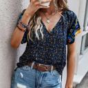 Blue Small Boho Floral Print V Neck Ruffle Short Sleeve T Shirt Blouse Casual Top