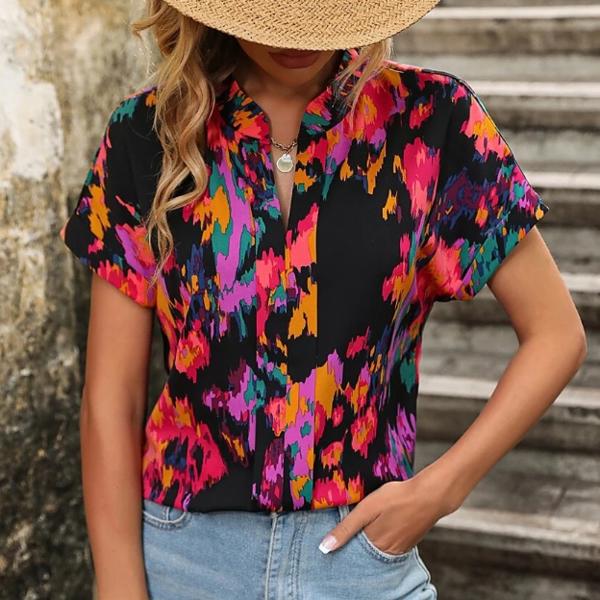 Womens Tshirts V Neck Short Sleeve Tops Tee Floral Print Blouse