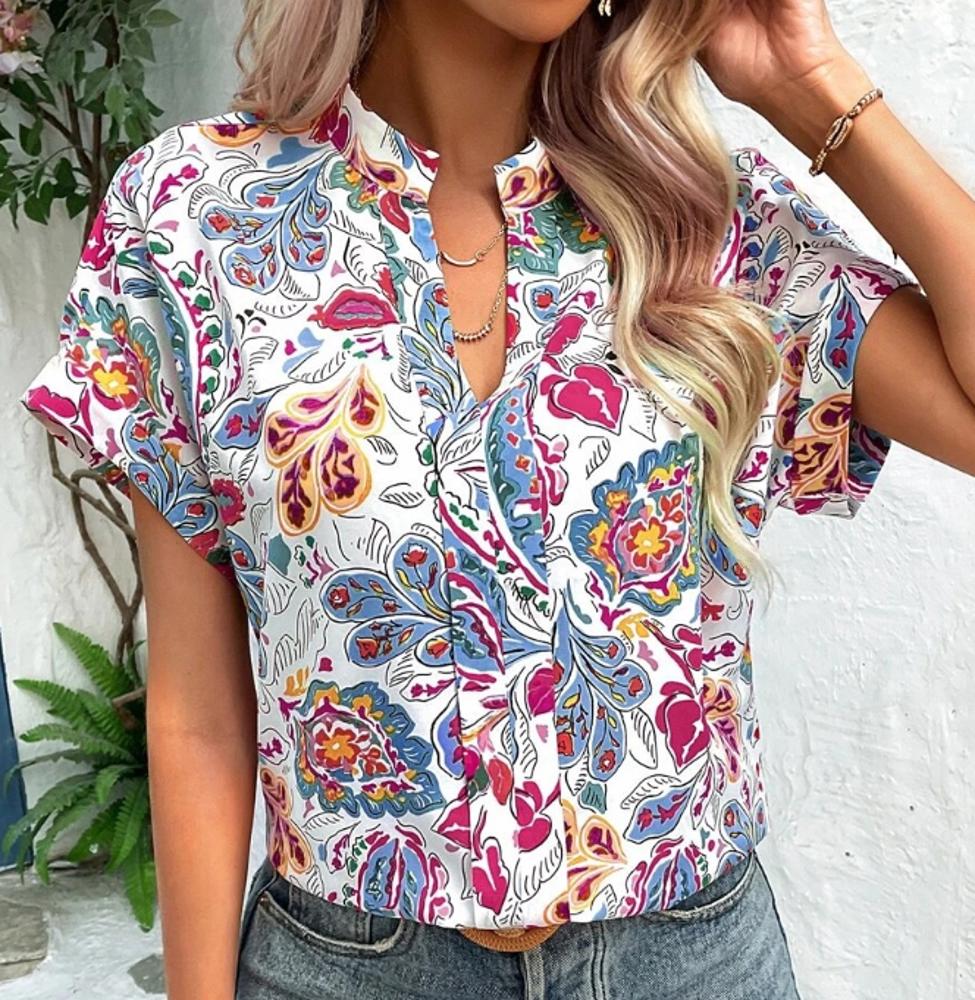 Womens Tshirts V Neck Short Sleeve Tops Tee Floral Print Blouse