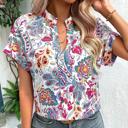 White Small Womens Tshirts V Neck Short Sleeve Tops Tee Floral Print Blouse