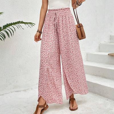  Floral Shirred Side Slit Wide Leg Pants