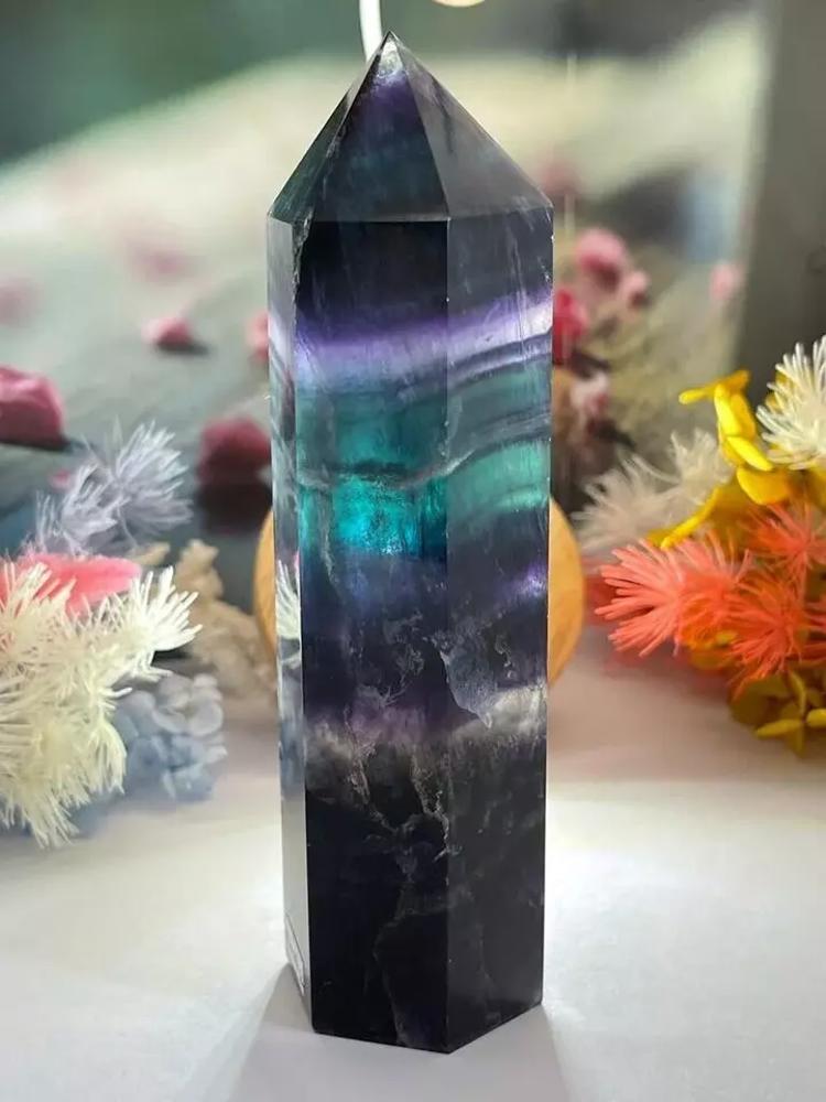 Rainbow Fluorite Healing Crystal Wands Obelisk Reiki Tower Point Home Decoration