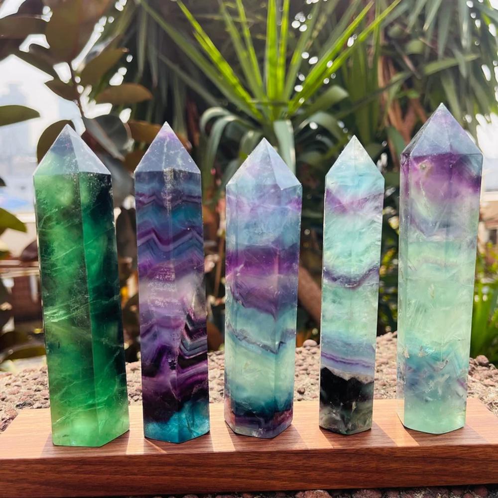 Rainbow Fluorite Healing Crystal Wands Obelisk Reiki Tower Point Home Decoration