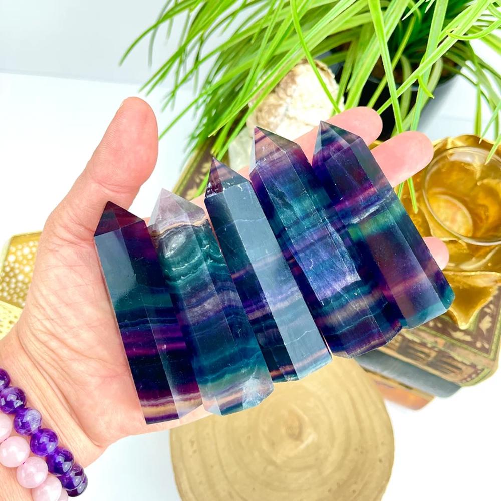 Rainbow Fluorite Healing Crystal Wands Obelisk Reiki Tower Point Home Decoration