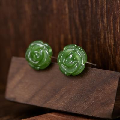 Hand Carved Natural Jade Flower Stud Earrings Rose Shape Stone Earrings