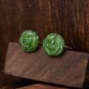  Hand Carved Natural Jade Flower Stud Earrings Rose Shape Stone Earrings