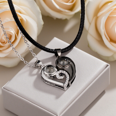 I Love You in 100 Languages Projection Magnetic Heart Couple Necklaces