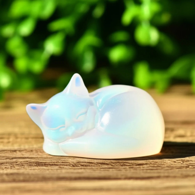 Natural Opal Sleeping Cat Statue Handmade Healing Crystal Ornament