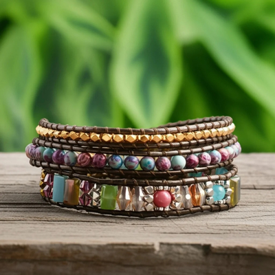 Natural Jasper Stone Crystal Beaded Leather Braided Wrapped Bracelet