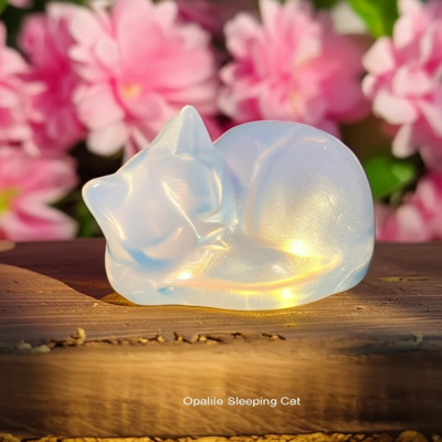 Natural Opalite Sleeping Cat Hand Carved Quartz Crystal Healing Home Decor Gift