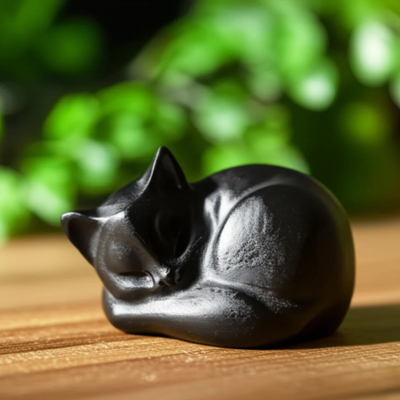 Natural Obsidian Sleeping Cat Statue Handmade Healing Ornament