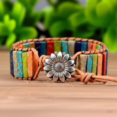 Natural Gemstone Tube Beads 7 Chakra Handmade Braided Women's Bracelet