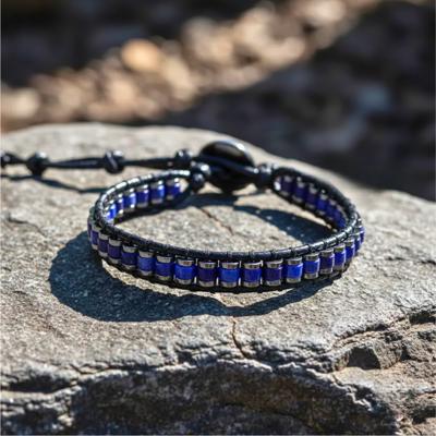 Minimalist Hematite Lapis Lazuli Bracelet Protection Stone Leather Bracelet Gift