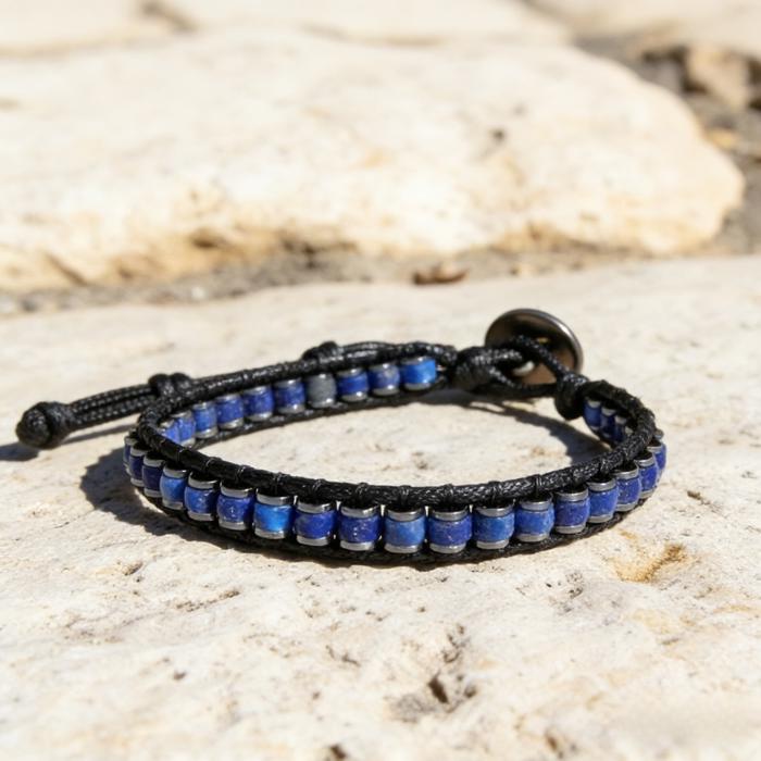 Blue Lapis Lazuli Hematite Stone Leather Wrap Ladder Bracelet Gift for Women Men