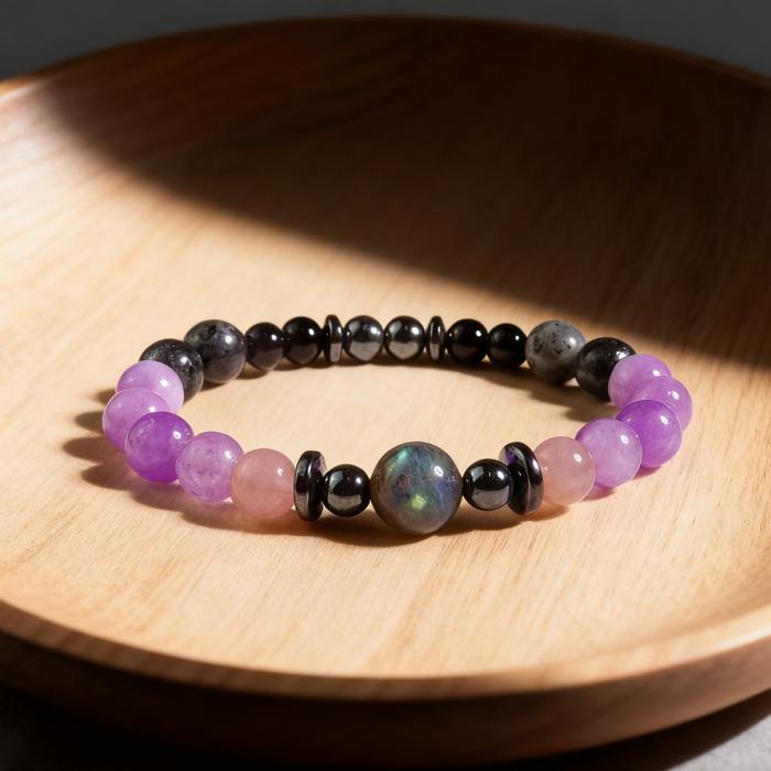 Black Tourmaline Hematite Kunzite Healing Crystal Bracelet Gift