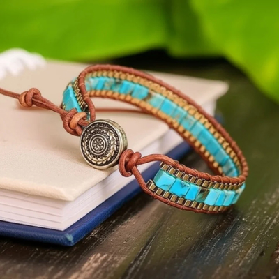 Natural Turquoise Tube Beads Handmade Healing Gemstone Braided Bracelet