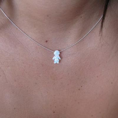 White Fire Opal Girl+Boy Pendant Dainty Sterling Silver Women Girls Necklace Gifts