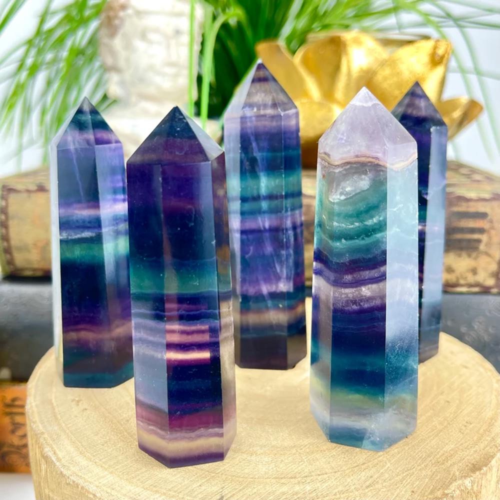 Rainbow Fluorite Healing Crystal Wands Obelisk Reiki Tower Point Home Decoration