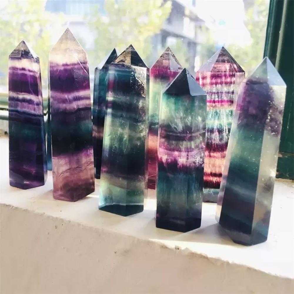 Rainbow Fluorite Healing Crystal Wands Obelisk Reiki Tower Point Home Decoration