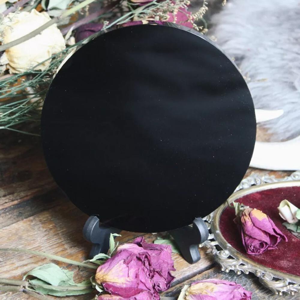 Natural Black Obsidian Mirror Scrying Plate Crystal Wafer Home Decor Healing Collector Includes Stand