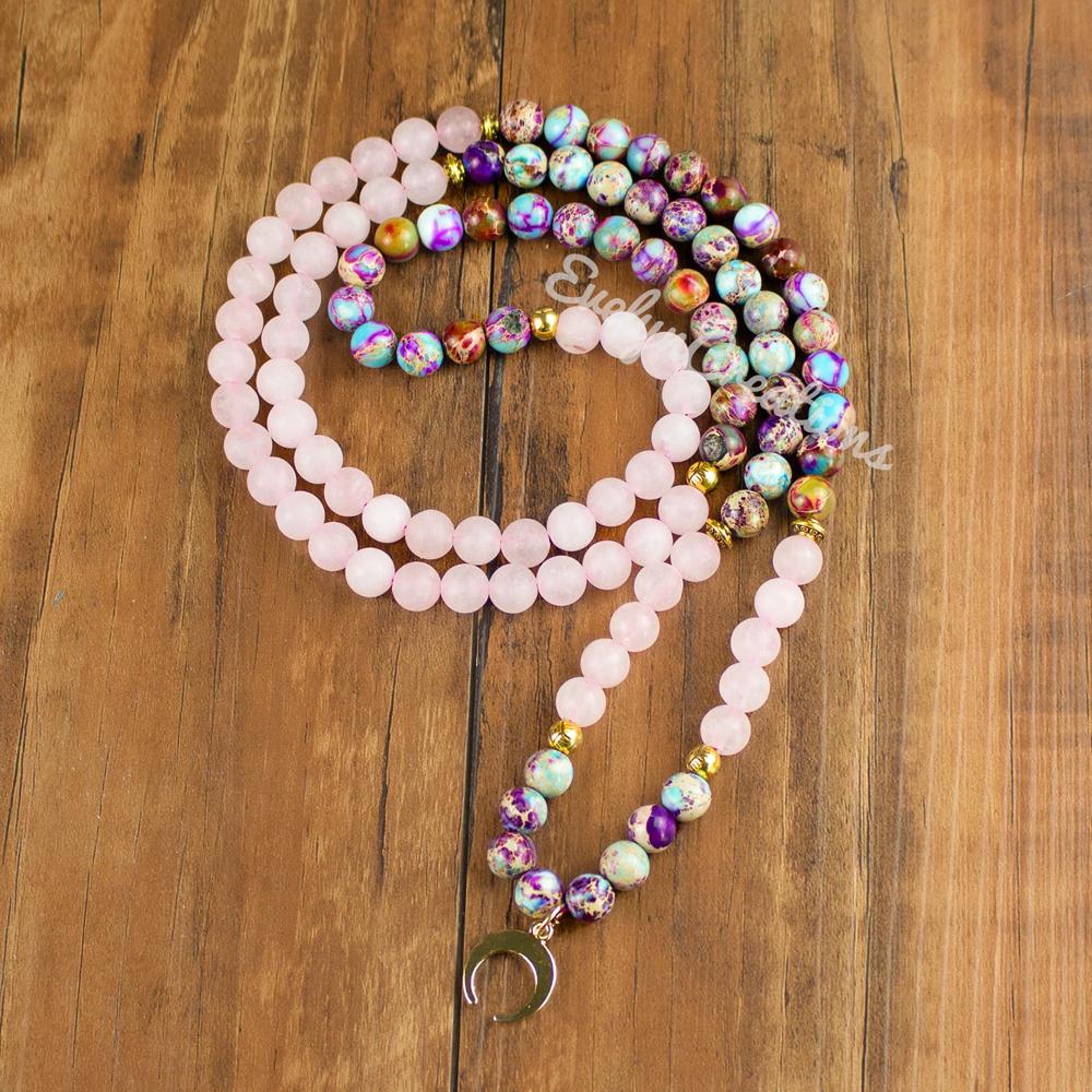 Galaxy Sea Sediment Rose Quartz 108 Beads Mala Necklace