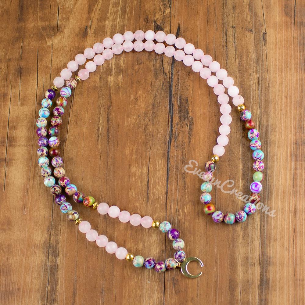 Galaxy Sea Sediment Rose Quartz 108 Beads Mala Necklace