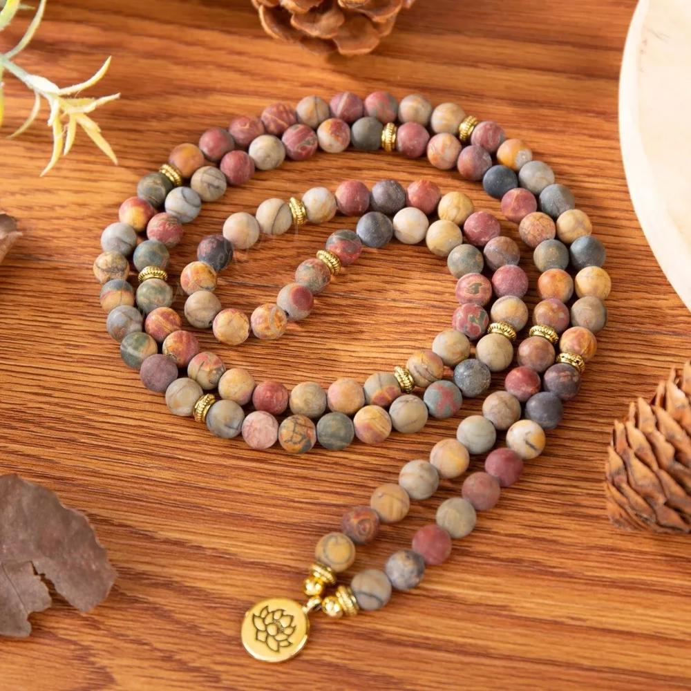 108 Mala Natural Matte Picasso Jasper Healing Meditation Bracelet Necklace Gift