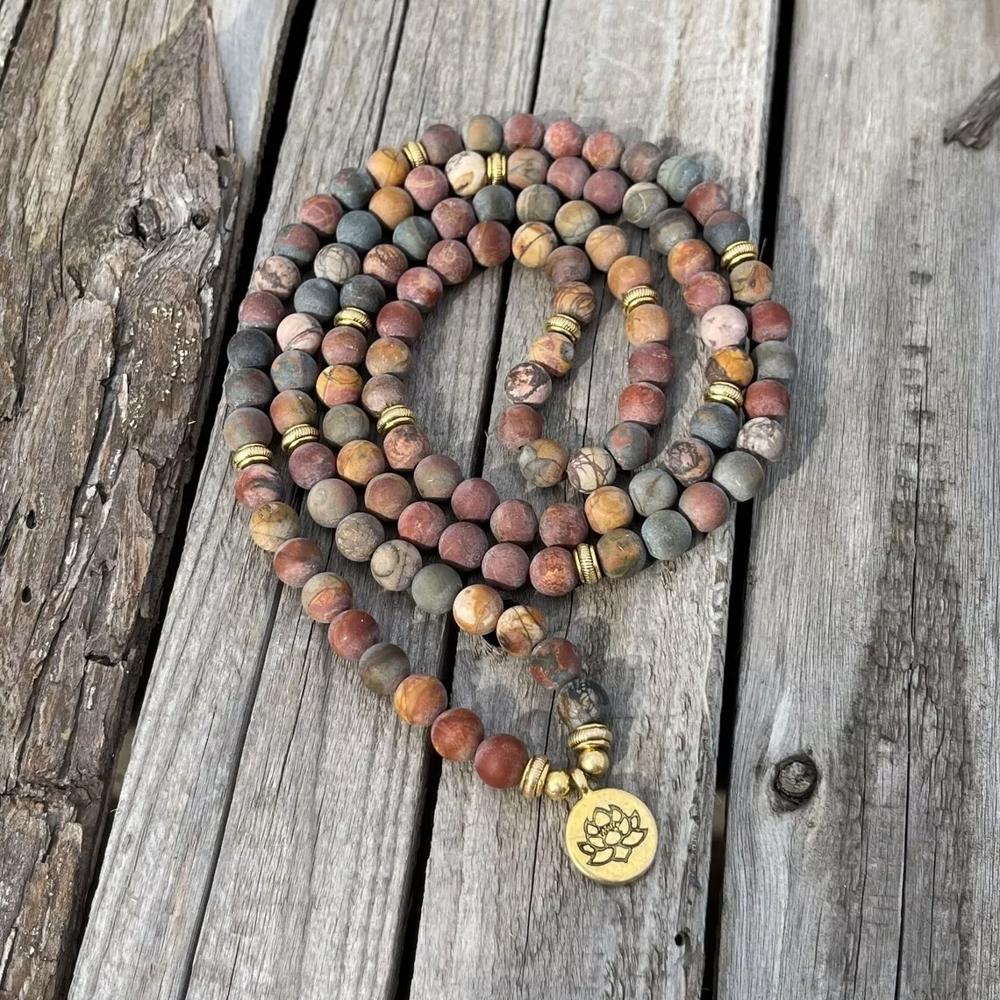 108 Mala Natural Matte Picasso Jasper Healing Meditation Bracelet Necklace Gift