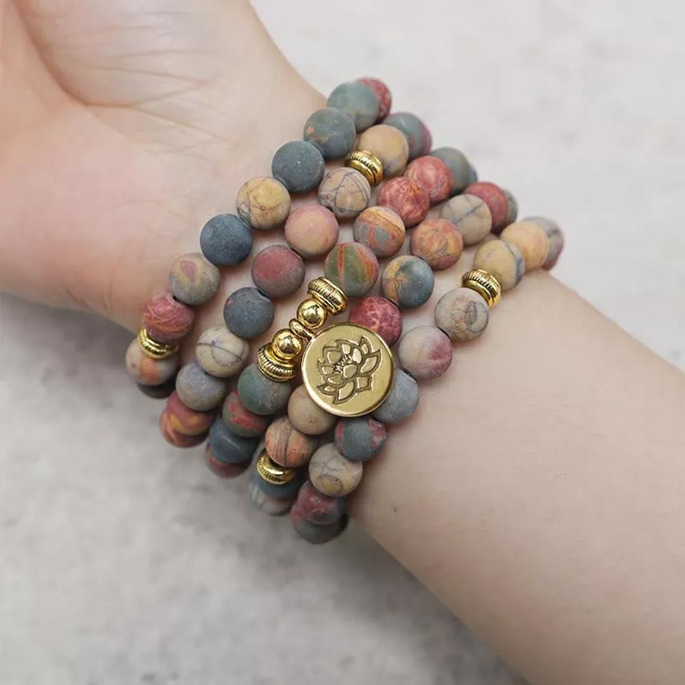 108 Mala Natural Matte Picasso Jasper Healing Meditation Bracelet Necklace Gift