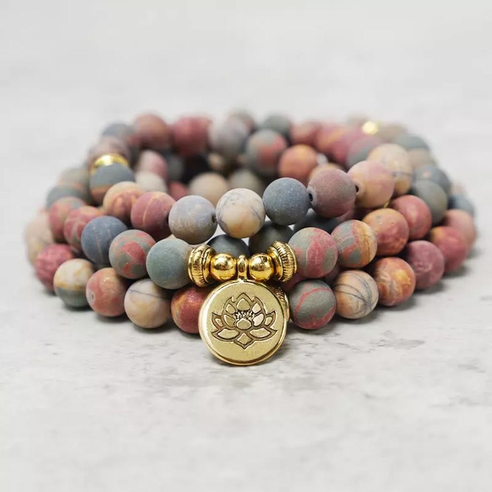 108 Mala Natural Matte Picasso Jasper Healing Meditation Bracelet Necklace Gift