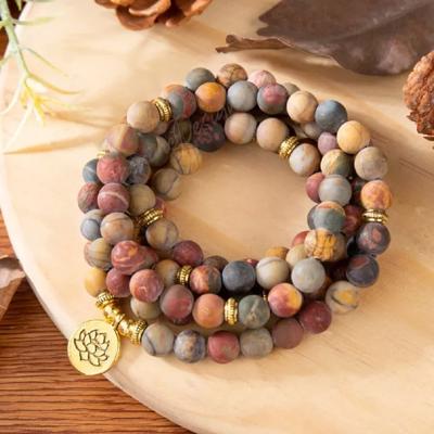 108 Mala Natural Matte Picasso Jasper Healing Meditation Bracelet Necklace Gift